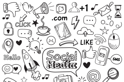 Social media doodle. Internet website doodles, social network communic