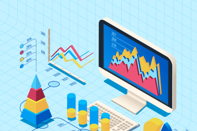 Isometric finance data analysis. Market position concept, web business