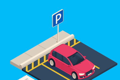 Isometric transport parking. Entrance parking space ticket, city urban