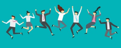 Happy jumping business people. Excited office team workers jumping at 