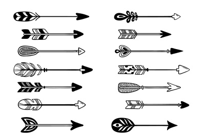 Aztec arrows. Ornament bow arrow with feather, hipster graphic pointer