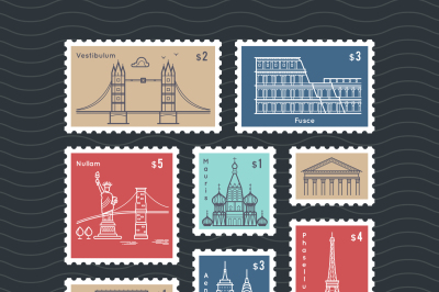 Postage stamps with line travelling city national landmarks vector set