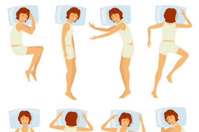 Woman sleeping postures, relaxing female sleep in different poses in b