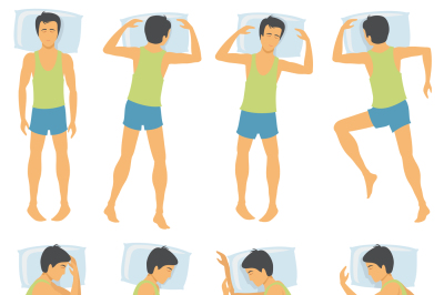 Person sleep positioning, man in different sleeping poses in bed. Vect