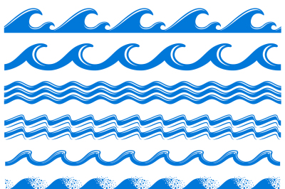 Sea water waves vector seamless borders set