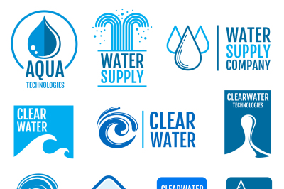 Fresh water vector logos and labels set with aqua symbols