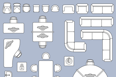 Office meeting furnitures, architecture plan vector line icons