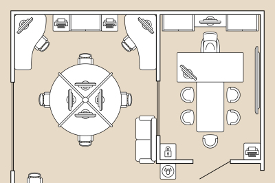 Office interior, top view architecture plan vector illustration