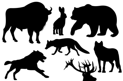 Black vector outline wild forest animals silhouettes