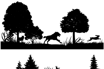 Wild animals silhouettes in green fir forest vector illustration