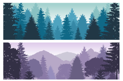 Silhouette forest panorama skyline with pine trees, vector nature wild