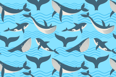 Vector seamless pattern with whale in ocean waves