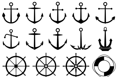 Anchors, rudders, chain, rope, knot vector icons. Nautical elements fo