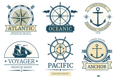 Retro nautical vector labels, badges, logos and emblems