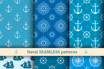 Marine, nautical, sea vector seamless patterns set