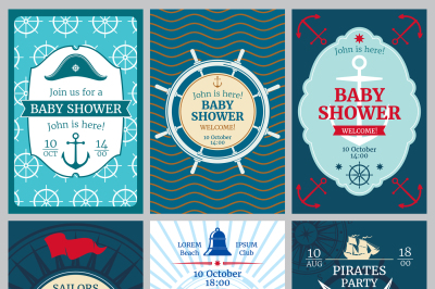 Nautical baby shower&2C; birthday&2C; beach party vector invitation cards