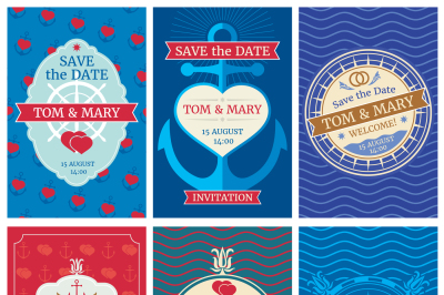 Wedding invitation vector cards with nautical design. Anchors and wave