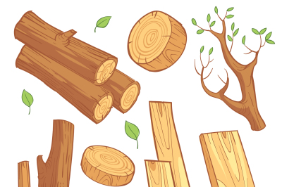 Cartoon wooden materials, lumber, firewood, wood stump vector set