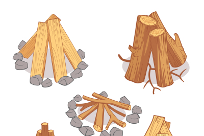 Wood stacks and hardwood firewood, wooden logs cartoon vector set