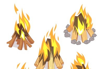 Campfire, outdoor bonfire with burned logs cartoon vector set