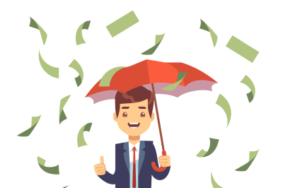 Businessman standing with umbrella in money rain vector illustration