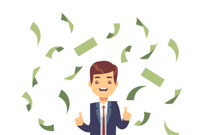 Happy successful businessman in money rain. Finance and banking vector