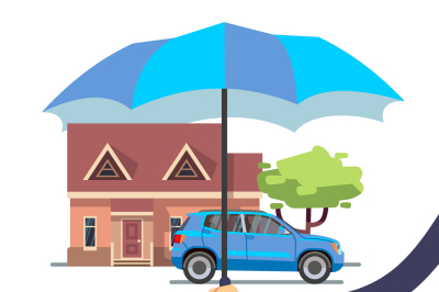 Insurance vector flat safe concept with hand holding umbrella over hou