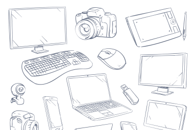 Hand drawn, sketch computer technology gadgets vector set