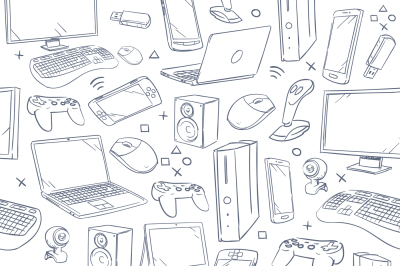 Computer game, device, social gaming vector sketch doodles seamless pa