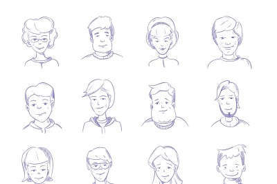 Doodle human heads, hand drawn adult portraits, sketch people characte