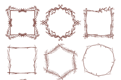 Vintage rustic branch frame borders, hand drawn vector set