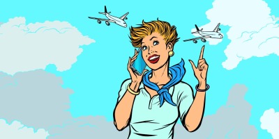 woman stewardess with phone, sky and planes