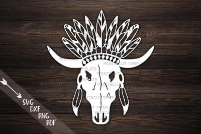 Bull Cow skull with feathers boho style cutting template