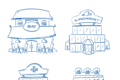 Doodle building facade of shop, bar, cafe, mall, pharmacy. Hand drawn 