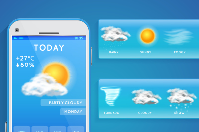 Weather forecast app on smartphone screen and realistic vector icons