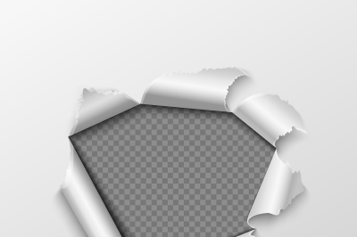 Paper hole with torn edges isolated on transparent checkered backgroun