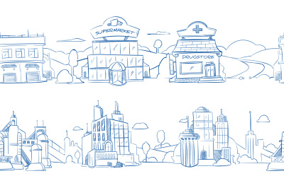 City retail buildings, store, supermarket and restaurant in hand drawn