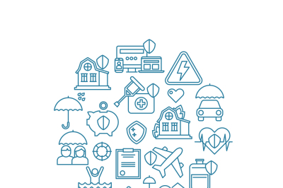 Insurance home and property line vector icons in circle design