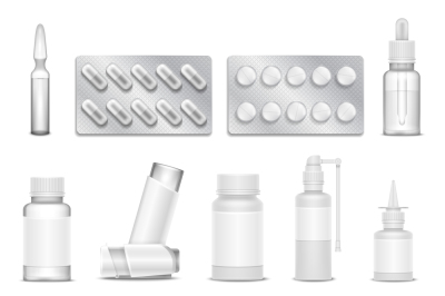 White blank medicine pharmaceutical packaging vector mockups. Bottles 