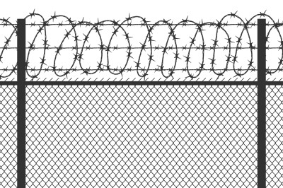 Prison privacy metal fence with barbed wire vector seamless black silh