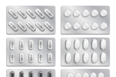 Realistic 3d drugs packaging&2C; painkiller pills vector set