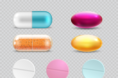 Medicine painkiller pills, pharmaceutical antibiotics drugs vector set