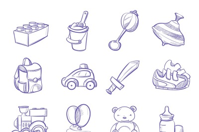 Children doodle toys and dolls, vector sketch collection