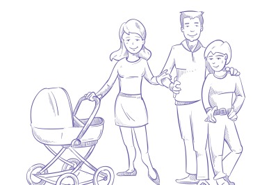 Happy young family with child and baby in stroller, hand drawn, pen sk