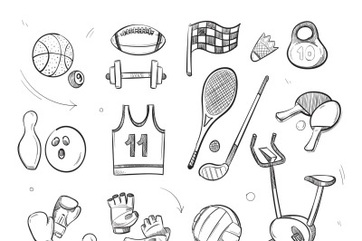 Hand drawn sketch sports fitness equipment vector doodle icons