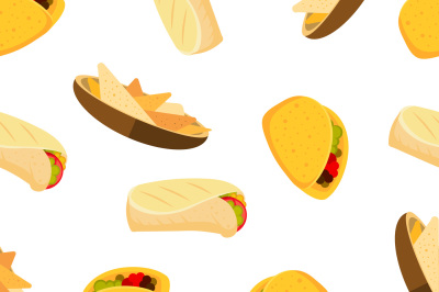 Mexican food tacos burrito and nachos vector seamless background