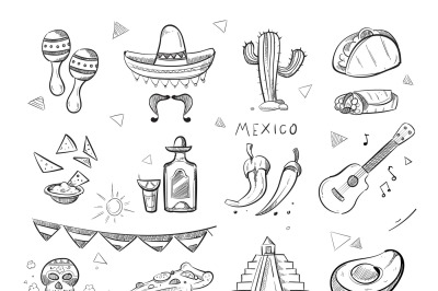 Doodle mexican food, tequila, red hot chili peppers, sombrero, guitar,