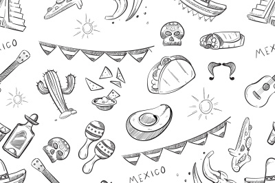 Traditional mexican food, mexico culture elements vector seamless patt