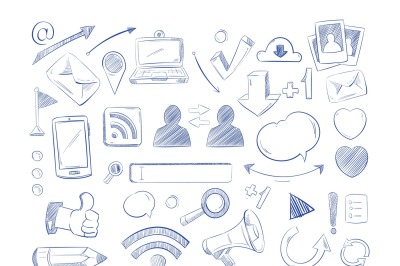 Social media network vector doodles, internet computer hand draw icons