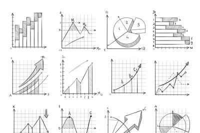 Cartoon sketch business graphic, charts vector doodle infographics ele